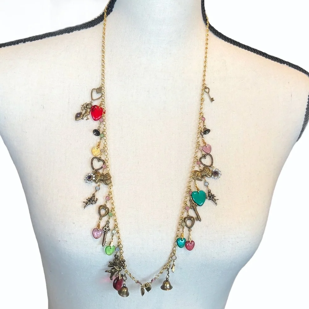 VINTAGE CHARM NECKLACE WITH CUPIDS, HEARTS , BELLS, KEYS & FLOWERS - Picture 6 of 16